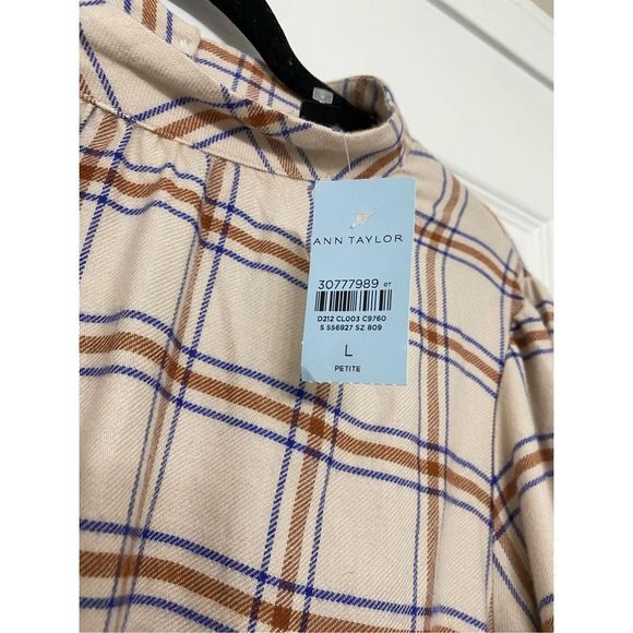 ANN TAYLOR NWT Soft Tan Plaid Gathered Waist Pullover Flannel TOP, Size Large P - Picture 4 of 10